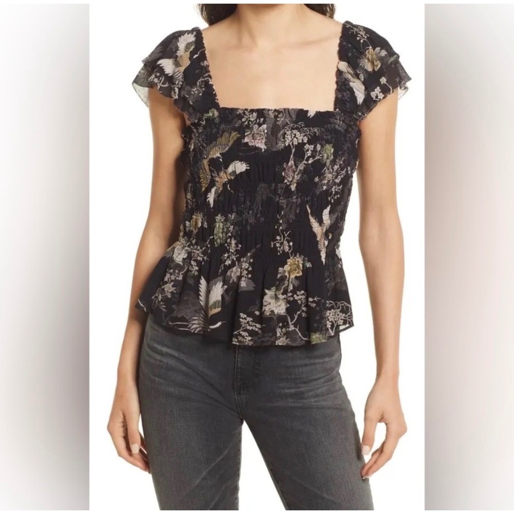 AllSaints Mali Amare Top Size 4 Black Floral Crane Smocked Peplum Ruffle Blouse